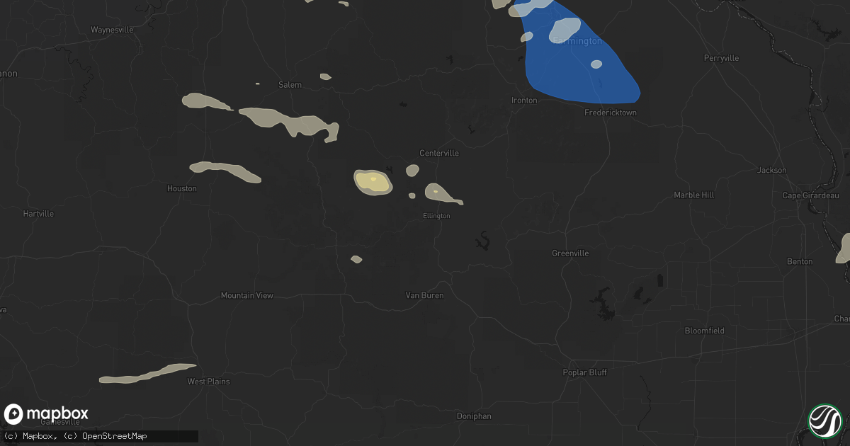Hail map in Ellington, MO on July 31, 2026