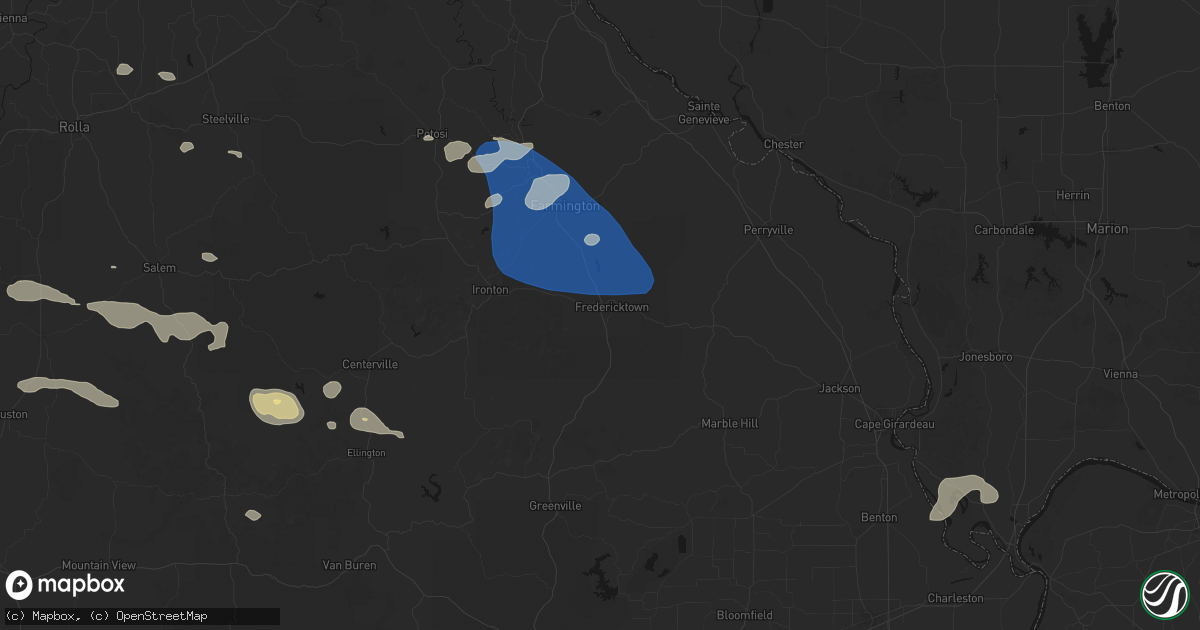 Hail map in Fredericktown, MO on July 31, 2026