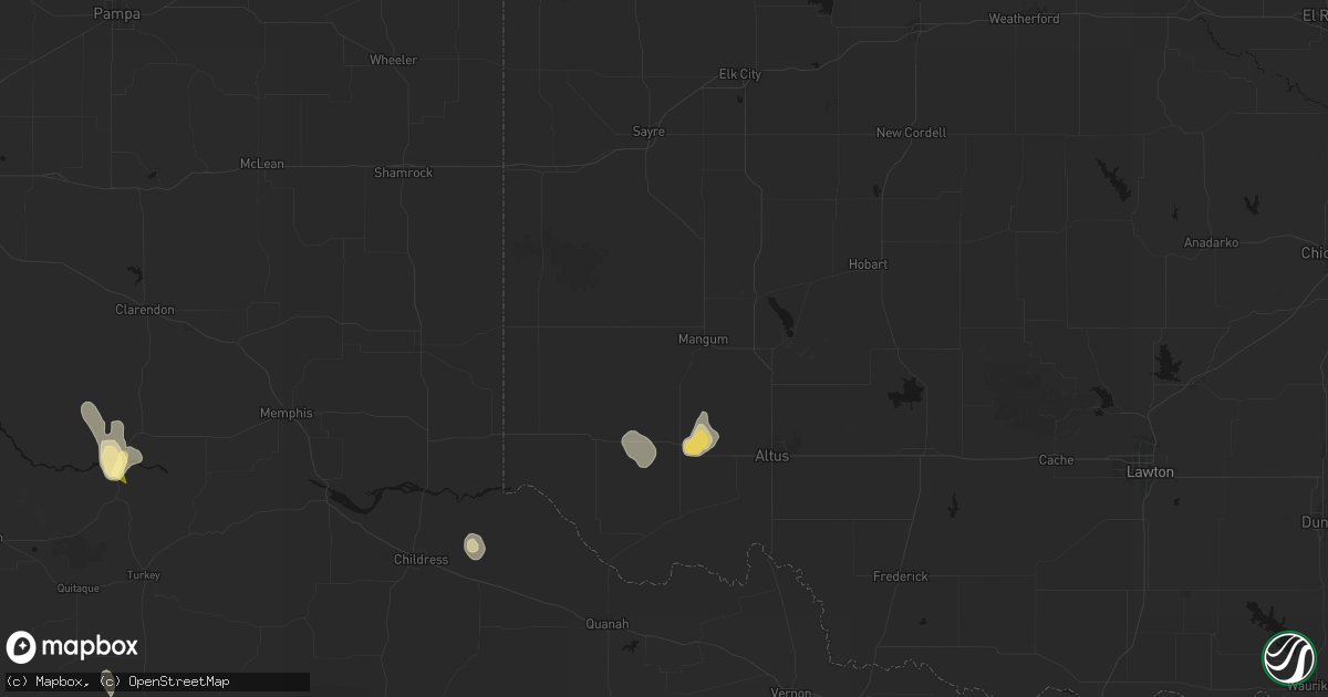 Hail map in Mangum, OK on July 31, 2026