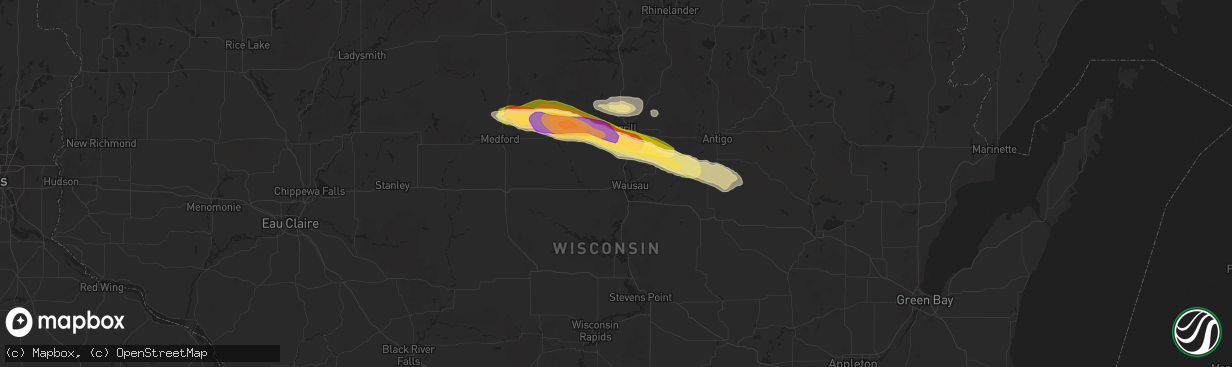 Hail map in Wausau, WI on August 1, 2015