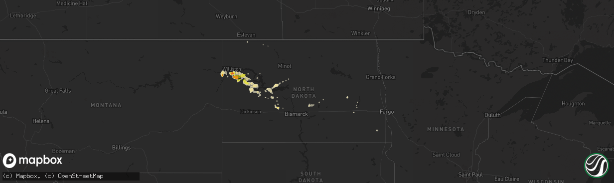 Hail map in North Dakota on August 1, 2019