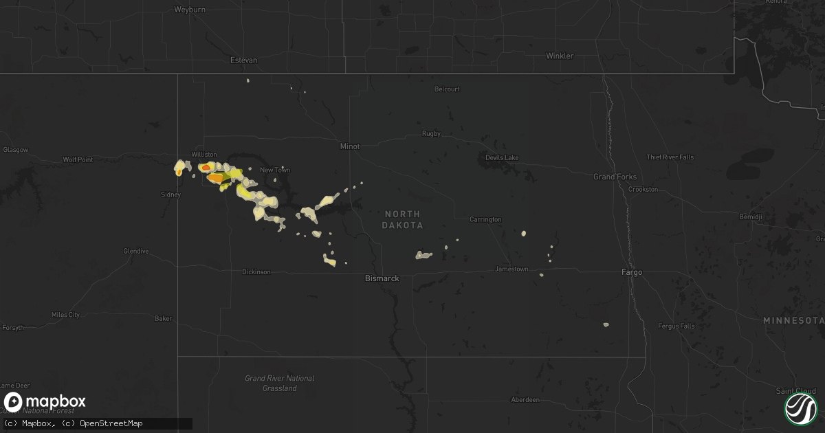 Hail map in North Dakota on August 1, 2019