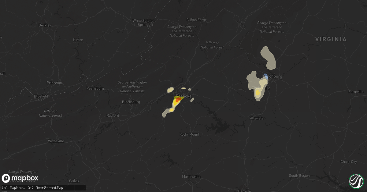 Hail map in Roanoke, VA on August 1, 2019