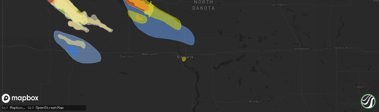 Hail map in Bismarck, ND on August 1, 2023