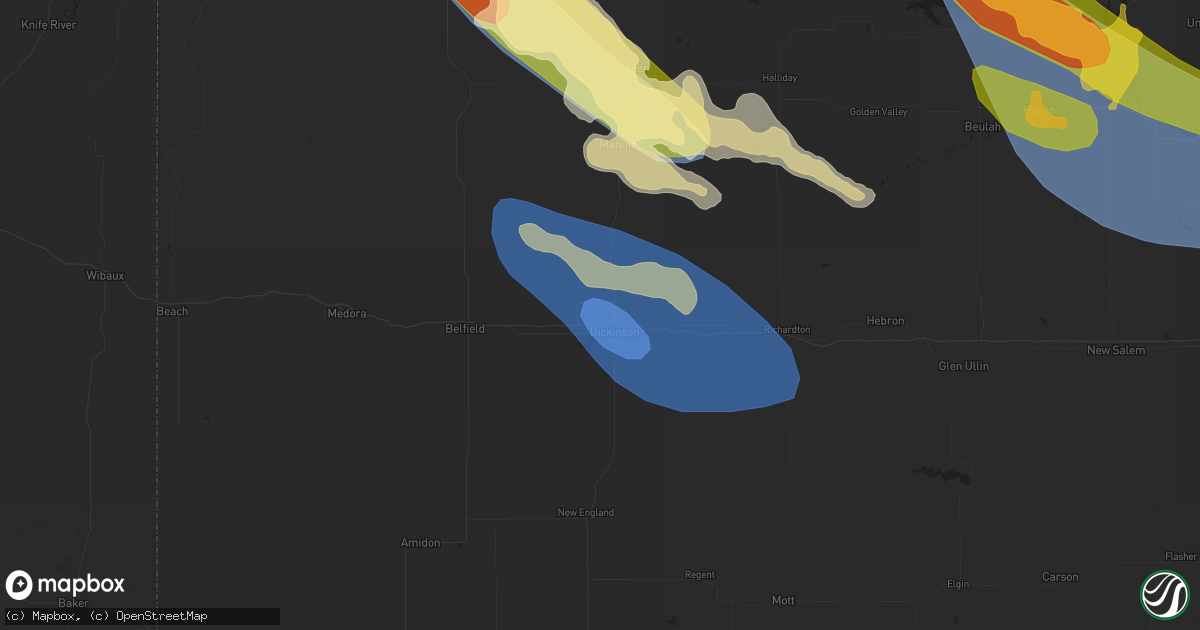 Hail map in Dickinson, ND on August 1, 2023