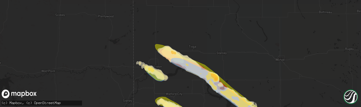 Hail map in Ray, ND on August 1, 2023