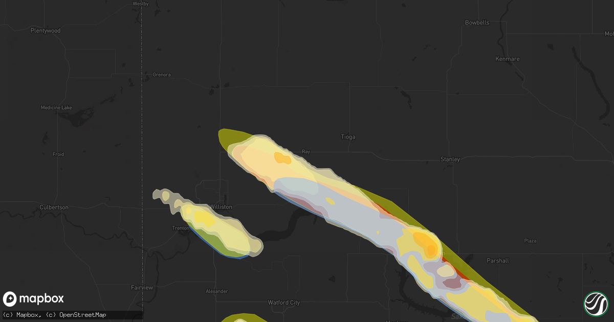 Hail map in Ray, ND on August 1, 2023