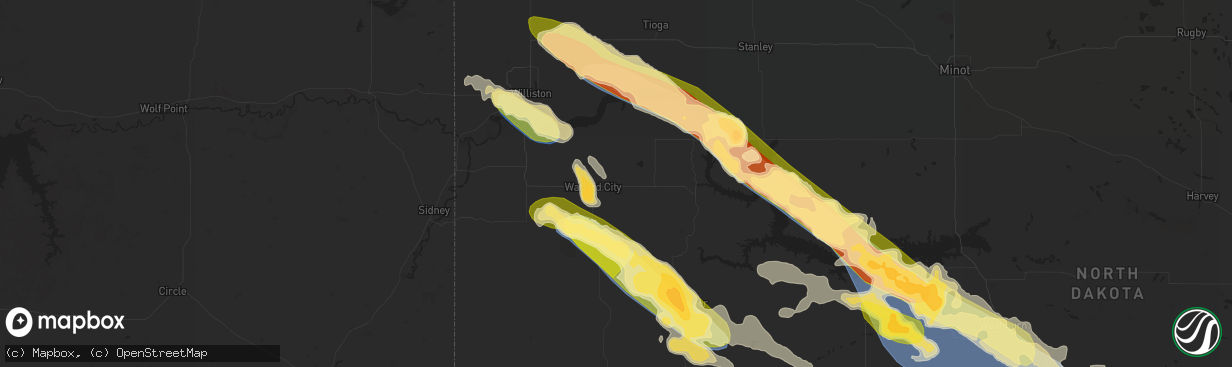 Hail map in Watford City, ND on August 1, 2023