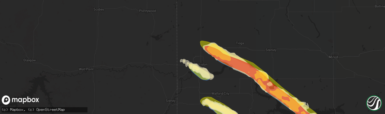 Hail map in Williston, ND on August 1, 2023