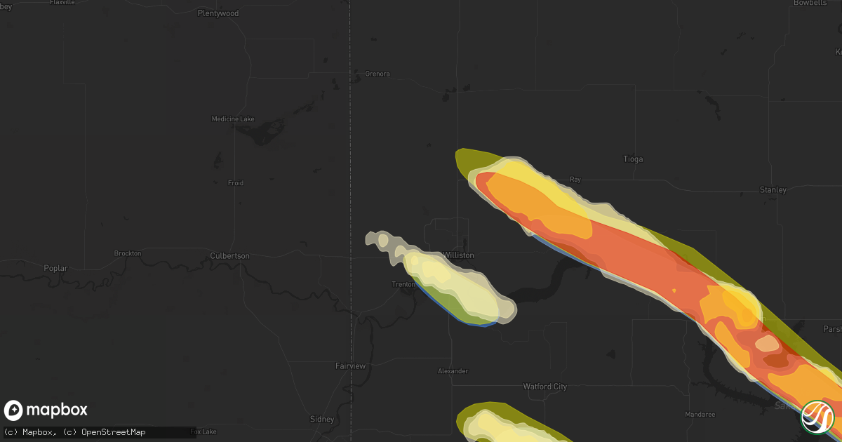 Hail map in Williston, ND on August 1, 2023