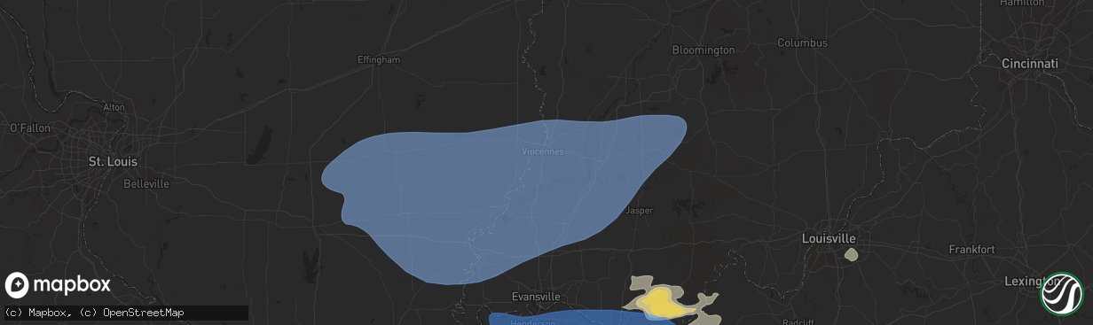 Hail map in Vincennes, IN on August 1, 2024