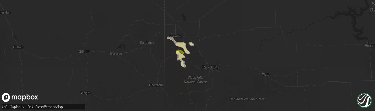 Hail map in Deadwood, SD on August 1, 2025