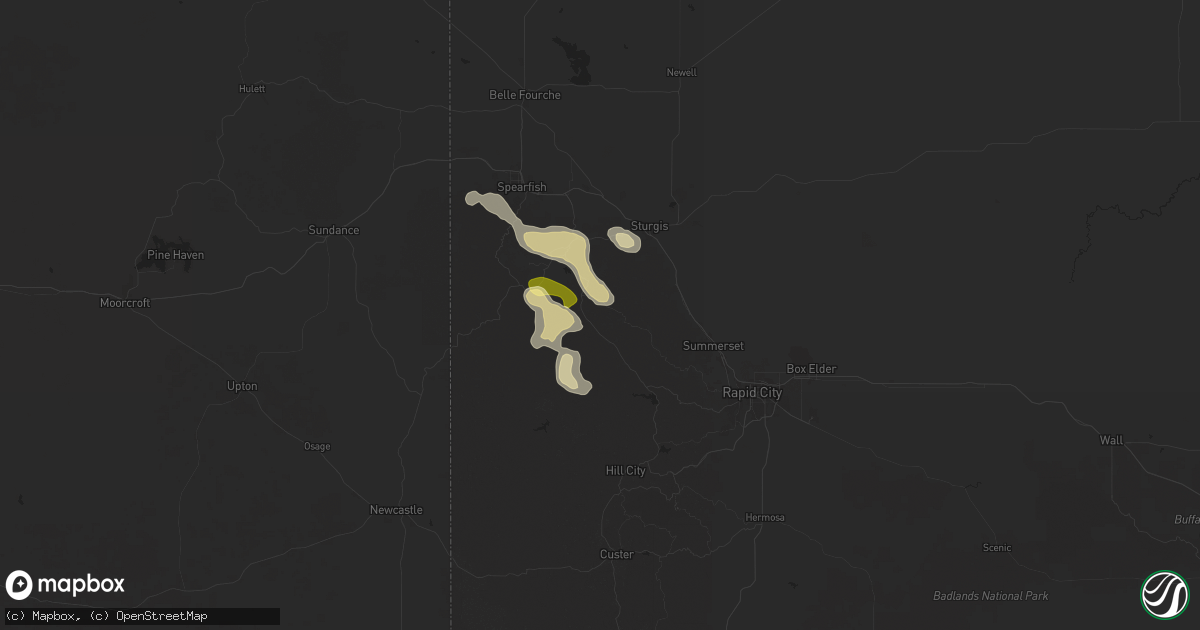 Hail map in Deadwood, SD on August 1, 2025