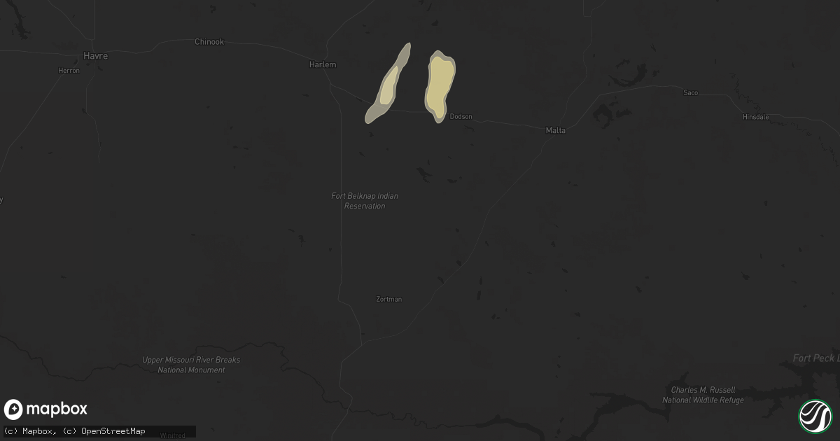 Hail map in Dodson, MT on August 1, 2025