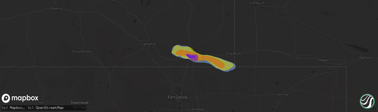 Hail map in Fe Warren Afb, WY on August 1, 2025