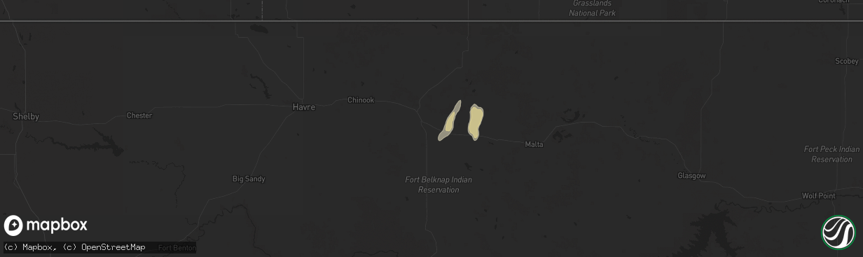 Hail map in Harlem, MT on August 1, 2025