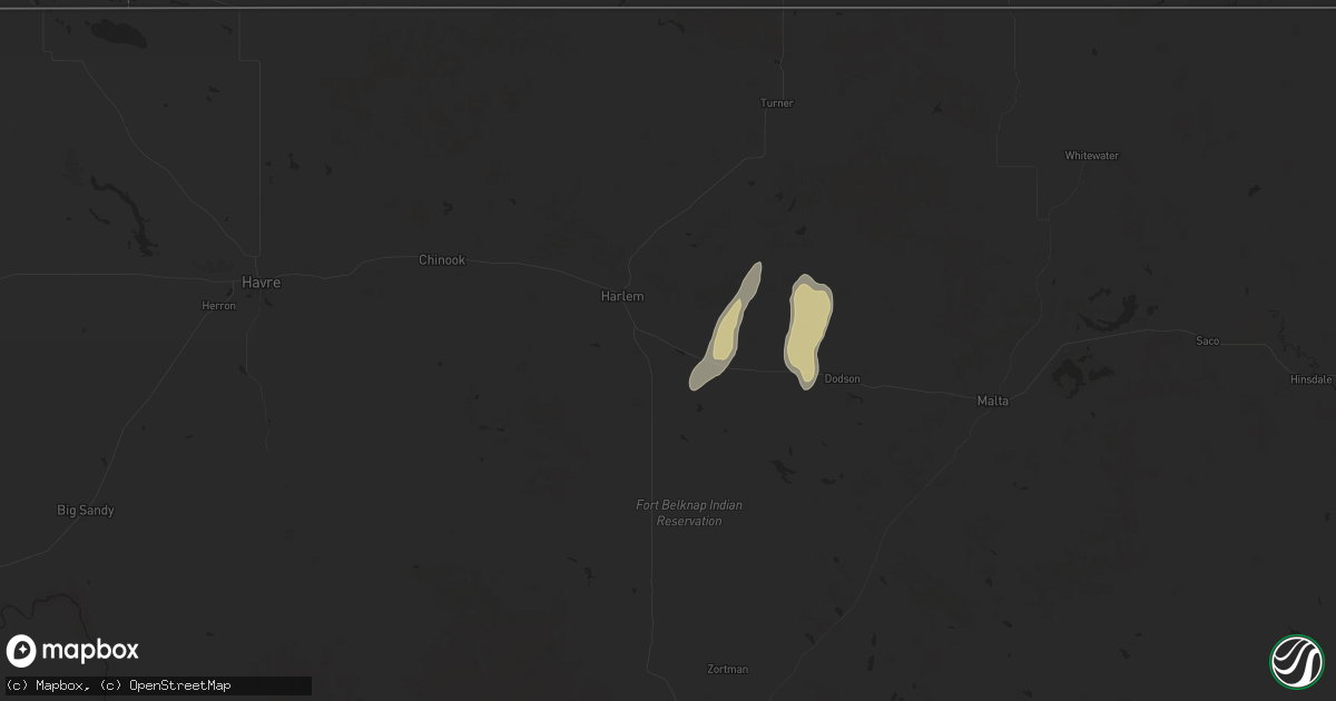 Hail map in Harlem, MT on August 1, 2025