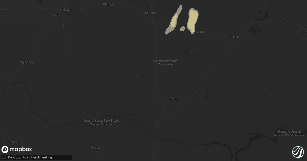 Hail map in Hays, MT on August 1, 2025