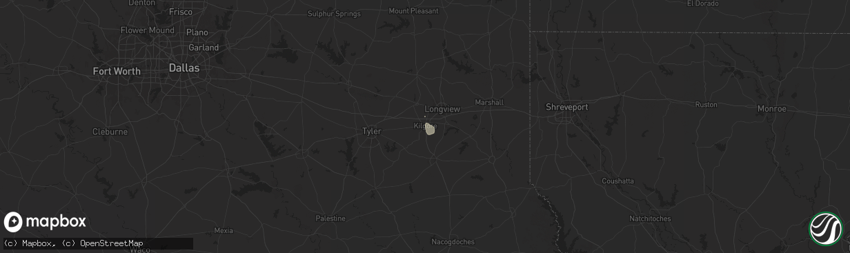 Hail map in Kilgore, TX on August 1, 2025