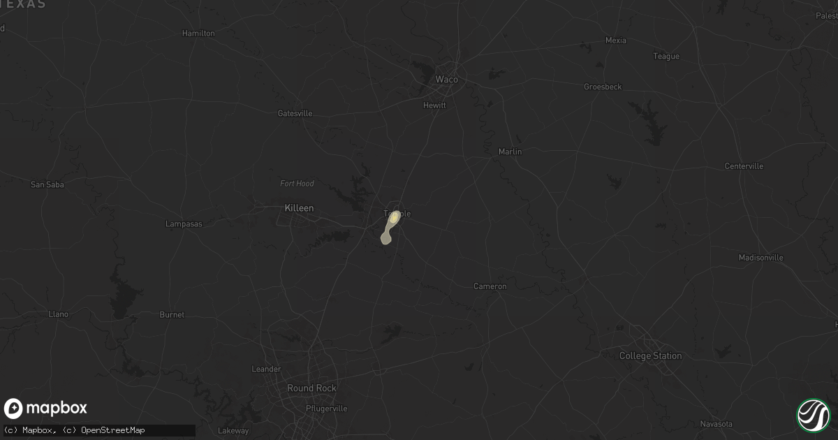 Hail map in Temple, TX on August 1, 2025