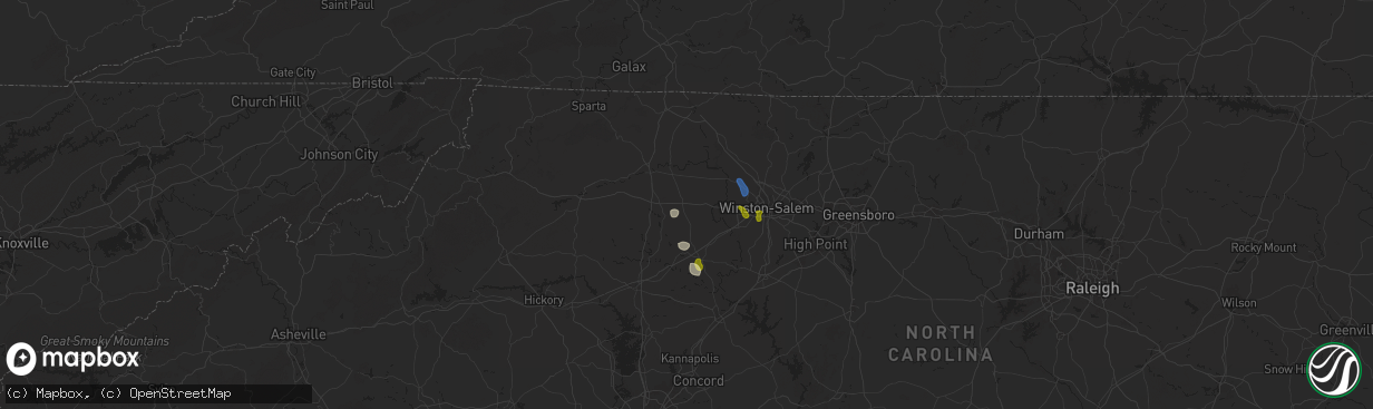 Hail map in Yadkinville, NC on August 1, 2025