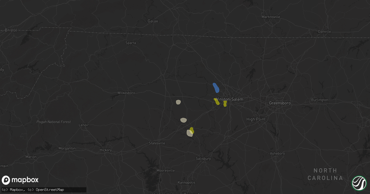 Hail map in Yadkinville, NC on August 1, 2025
