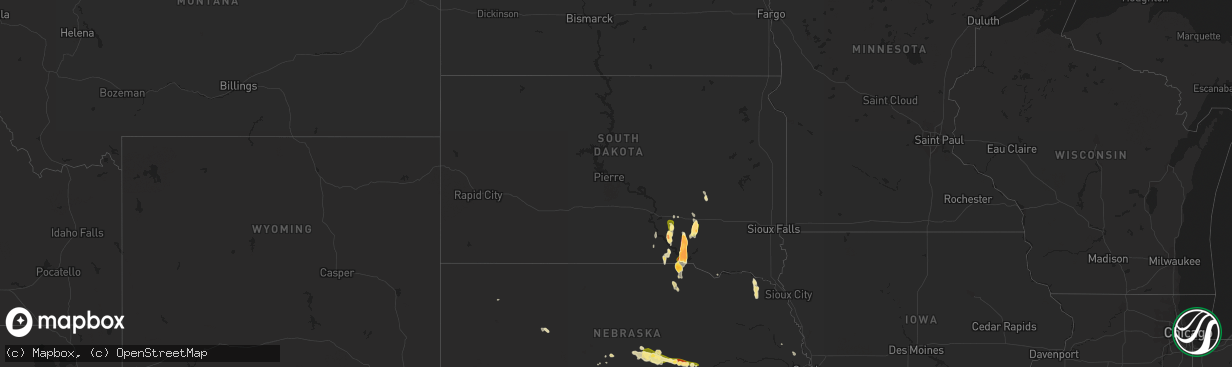 Hail map in South Dakota on August 2, 2014