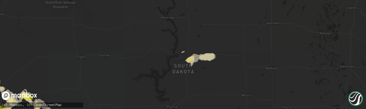 Hail map in Gettysburg, SD on August 2, 2016