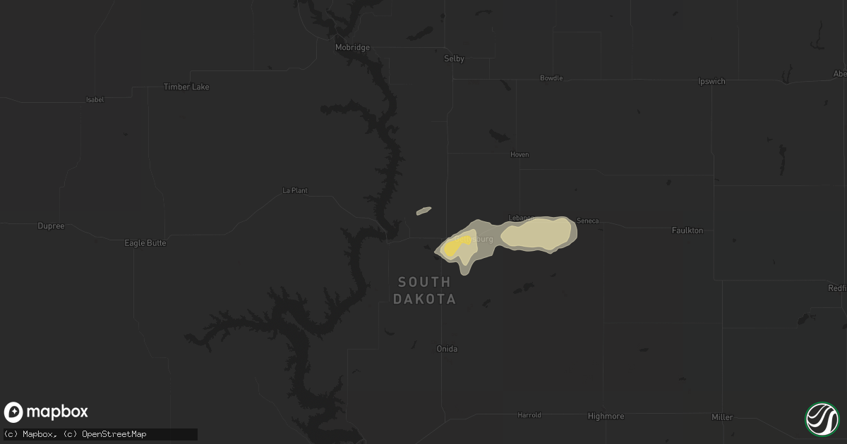 Hail map in Gettysburg, SD on August 2, 2016