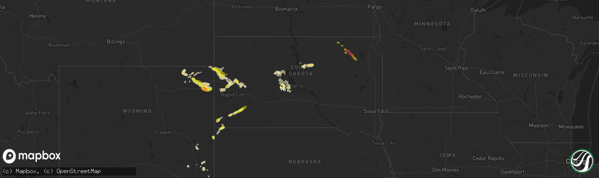 Hail map in South Dakota on August 2, 2016