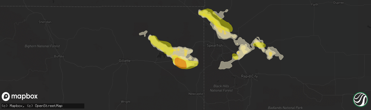 Hail map in Sundance, WY on August 2, 2016