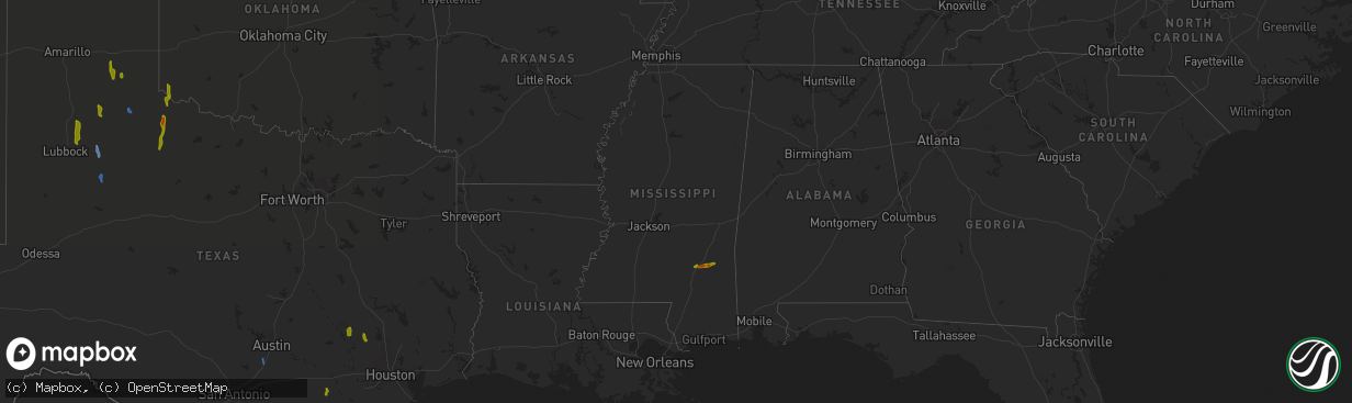 Hail map in Mississippi on August 2, 2020