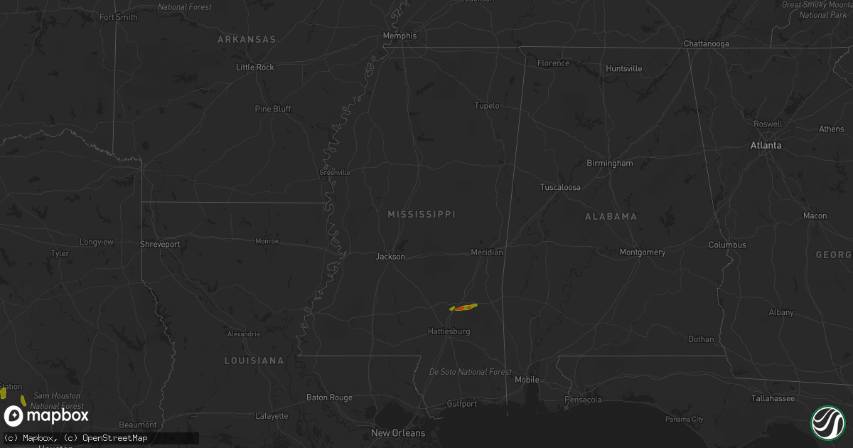 Hail map in Mississippi on August 2, 2020