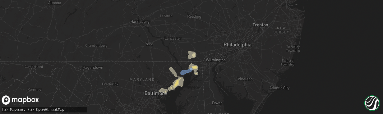 Hail map in Oxford, PA on August 2, 2024