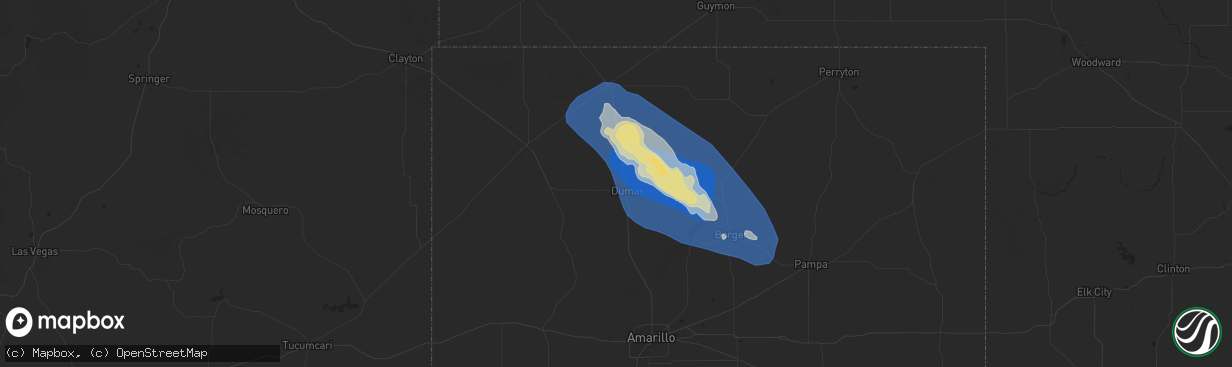 Hail map in Dumas, TX on August 2, 2025