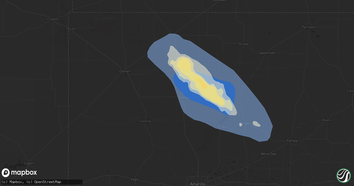 Hail map in Dumas, TX on August 2, 2025