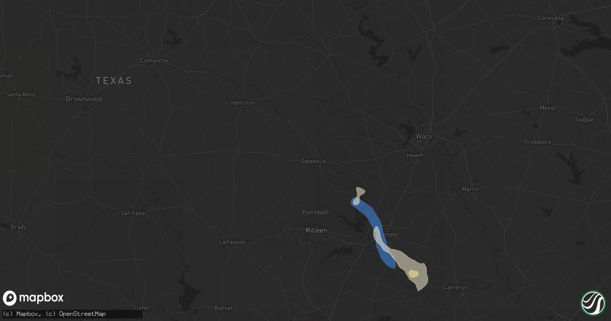 Hail map in Gatesville, TX on August 2, 2025