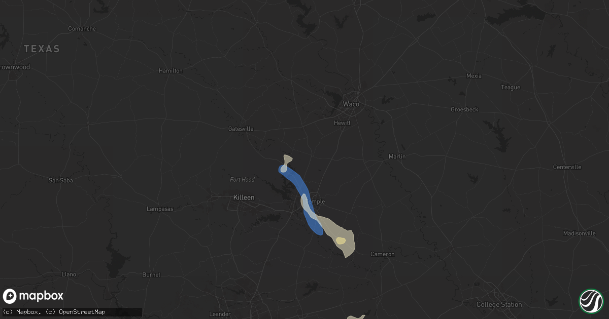 Hail map in Moody, TX on August 2, 2025