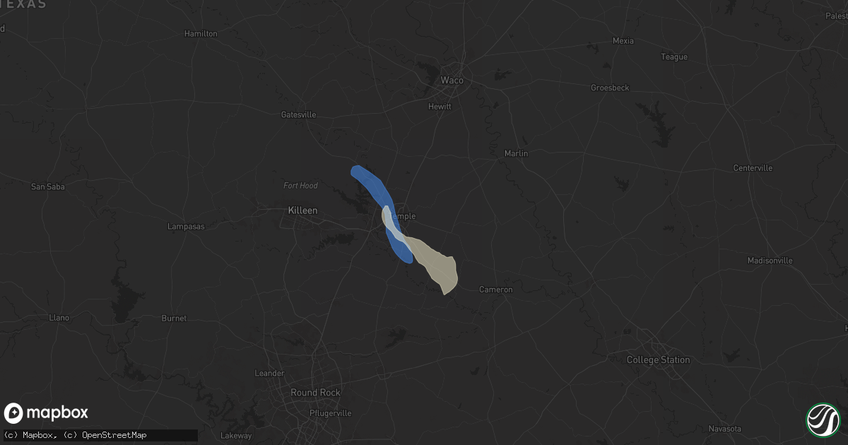 Hail map in Temple, TX on August 2, 2025
