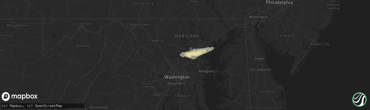 Hail map in Columbia, MD on August 3, 2015