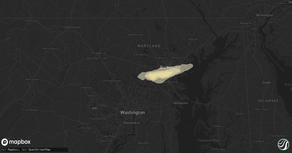Hail map in Columbia, MD on August 3, 2015