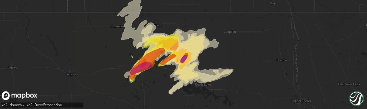 Hail map in Cando, ND on August 3, 2016