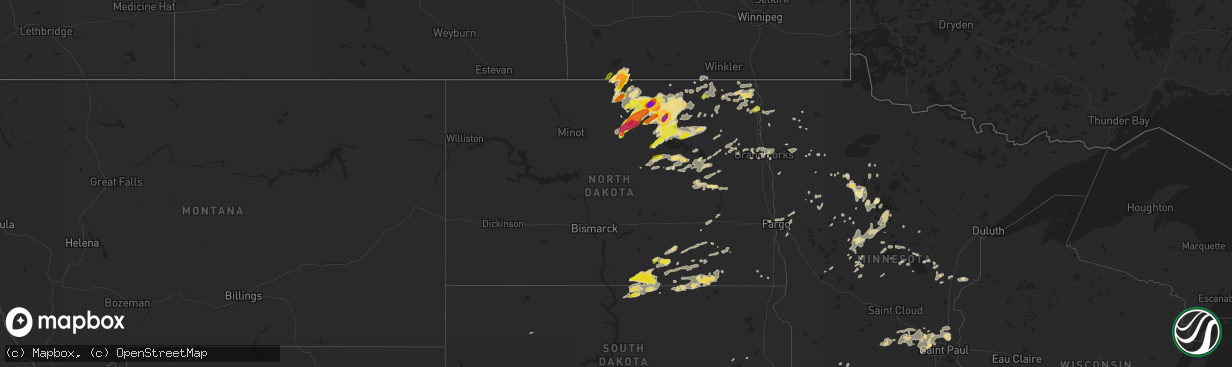 Hail map in North Dakota on August 3, 2016