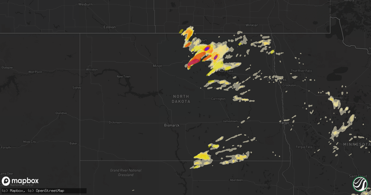 Hail map in North Dakota on August 3, 2016