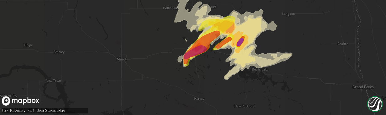 Hail map in Rugby, ND on August 3, 2016