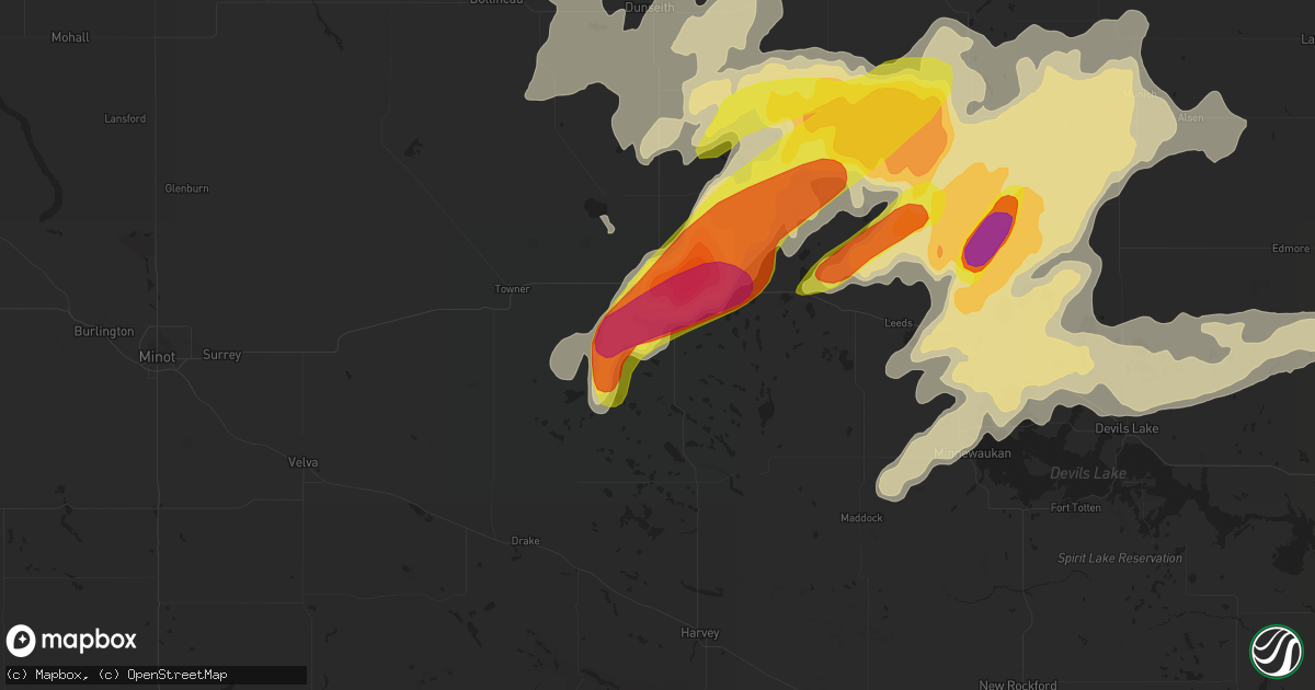 Hail map in Rugby, ND on August 3, 2016