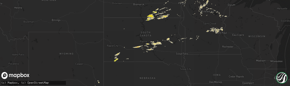 Hail map in South Dakota on August 3, 2016