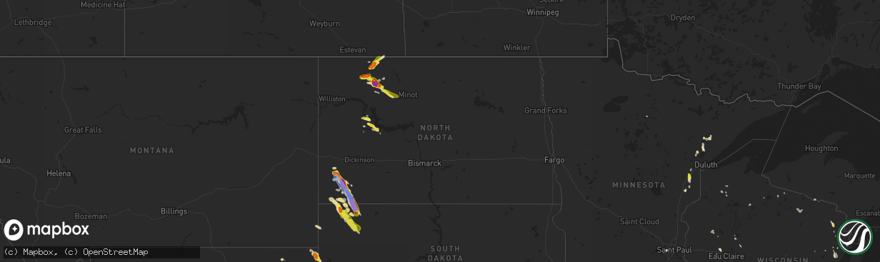 Hail map in North Dakota on August 3, 2019