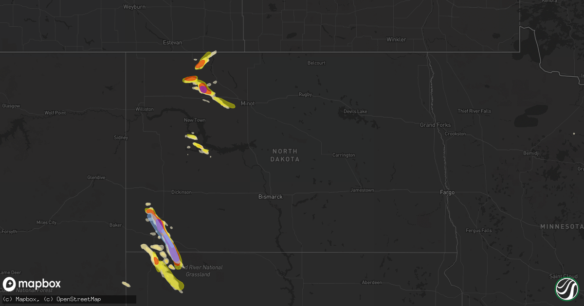 Hail map in North Dakota on August 3, 2019