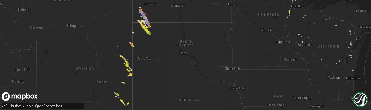 Hail map in South Dakota on August 3, 2019